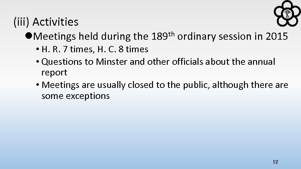(iii) Activities l. Meetings held during the 189 th ordinary session in 2015 •