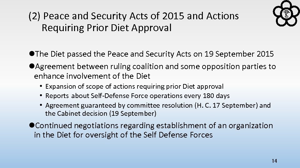 (2) Peace and Security Acts of 2015 and Actions Requiring Prior Diet Approval l.