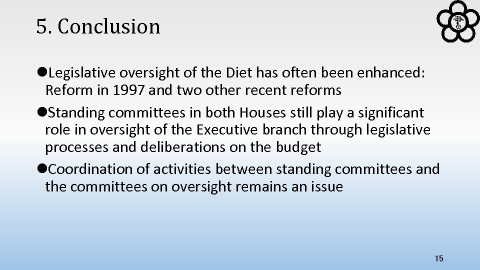 5. Conclusion l. Legislative oversight of the Diet has often been enhanced: Reform in