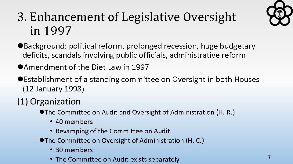 3. Enhancement of Legislative Oversight in 1997 l. Background: political reform, prolonged recession, huge