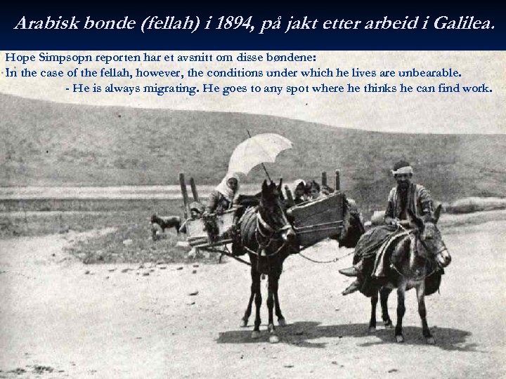 Arabisk bonde (fellah) i 1894, på jakt etter arbeid i Galilea. Hope Simpsopn reporten