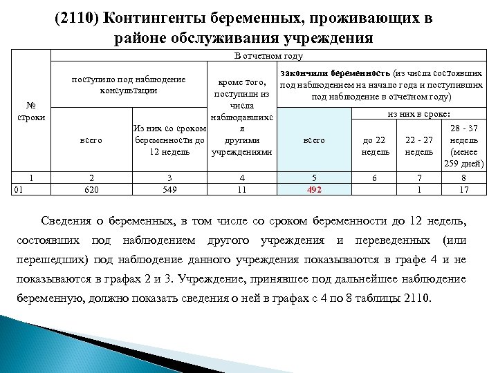 (2110) Контингенты беременных, проживающих в районе обслуживания учреждения В отчетном году закончили беременность (из
