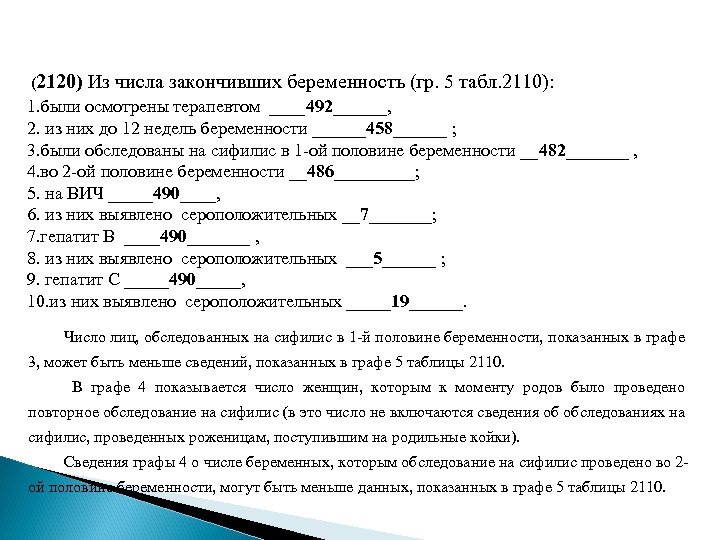  (2120) Из числа закончивших беременность (гр. 5 табл. 2110): 1. были осмотрены терапевтом