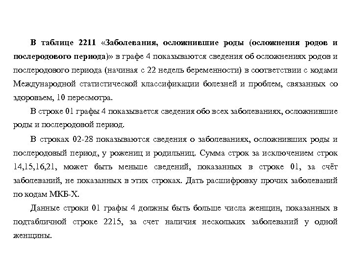В таблице 2211 «Заболевания, осложнившие роды (осложнения родов и послеродового периода)» в графе 4