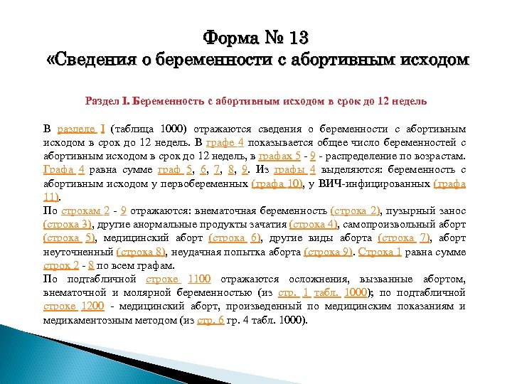 Форма № 13 «Сведения о беременности с абортивным исходом Раздел I. Беременность с абортивным