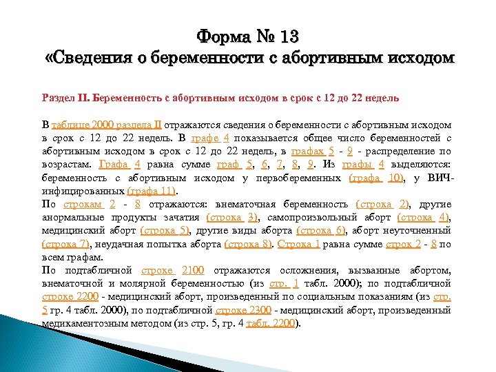 Форма № 13 «Сведения о беременности с абортивным исходом Раздел II. Беременность с абортивным
