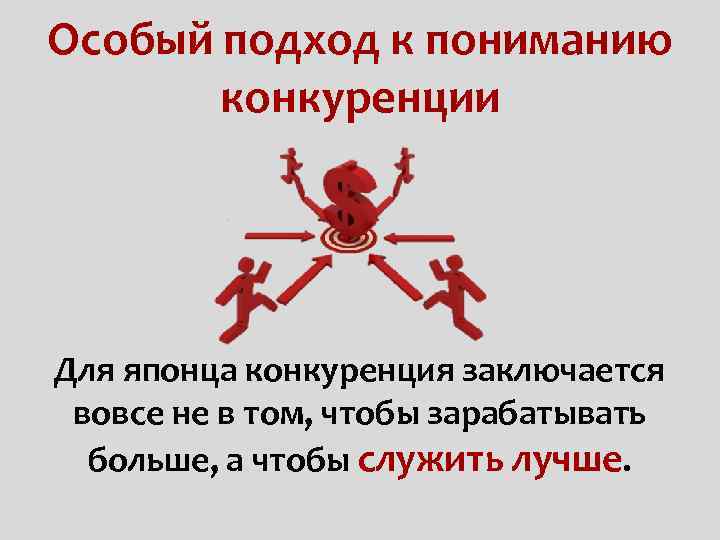 Особый подход к пониманию конкуренции Для японца конкуренция заключается вовсе не в том, чтобы