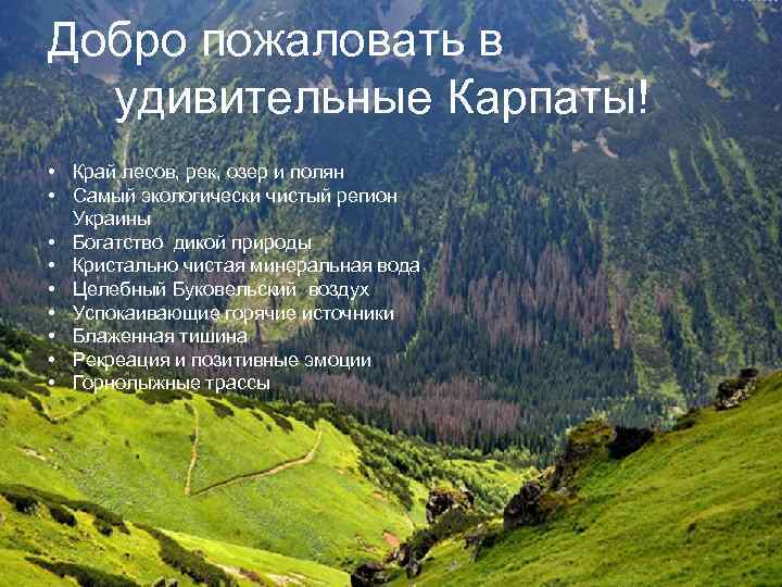 Добро пожаловать в удивительные Карпаты! • Край лесов, рек, озер и полян • Самый