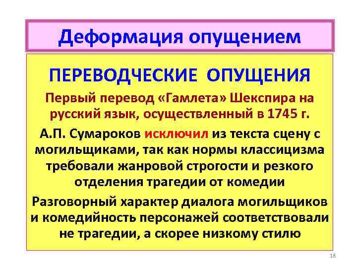 Деформация опущением ПЕРЕВОДЧЕСКИЕ ОПУЩЕНИЯ Первый перевод «Гамлета» Шекспира на русский язык, осуществленный в 1745