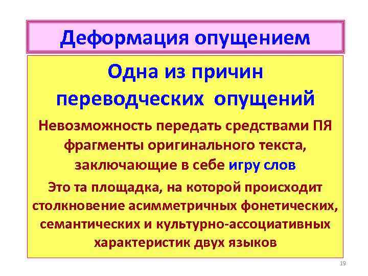 Деформация опущением Одна из причин переводческих опущений Невозможность передать средствами ПЯ фрагменты оригинального текста,