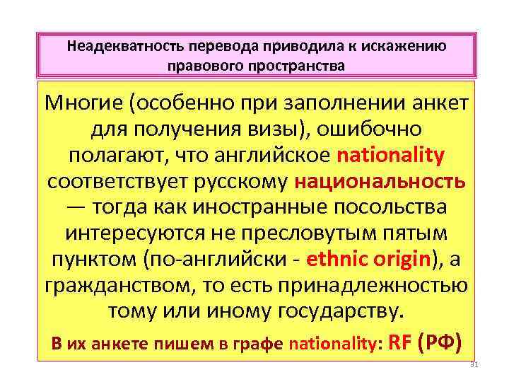 Неадекватность перевода приводила к искажению правового пространства Многие (особенно при заполнении анкет для получения