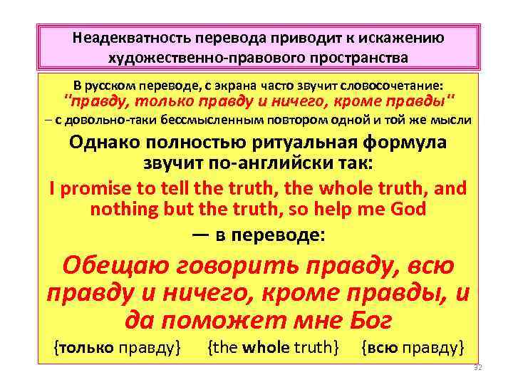 Неадекватность перевода приводит к искажению художественно-правового пространства В русском переводе, с экрана часто звучит