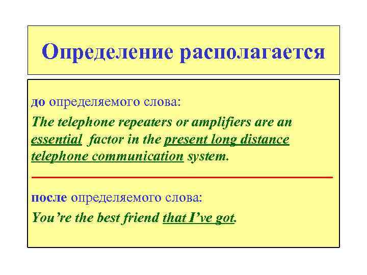 Определение располагается до определяемого слова: The telephone repeaters or amplifiers are an essential factor