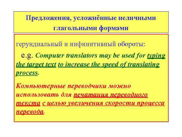 Предложения, усложнённые неличными глагольными формами герундиальный и инфинитивный обороты: e. g. Computer translators may