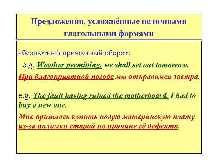 Предложения, усложнённые неличными глагольными формами абсолютный причастный оборот: e. g. Weather permitting, we shall