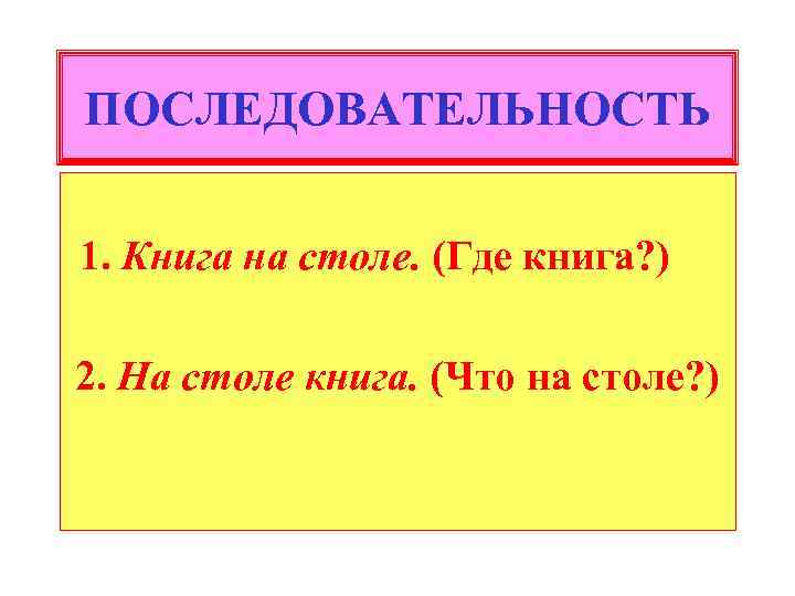 ПОСЛЕДОВАТЕЛЬНОСТЬ 1. Книга на столе. (Где книга? ) 2. На столе книга. (Что на