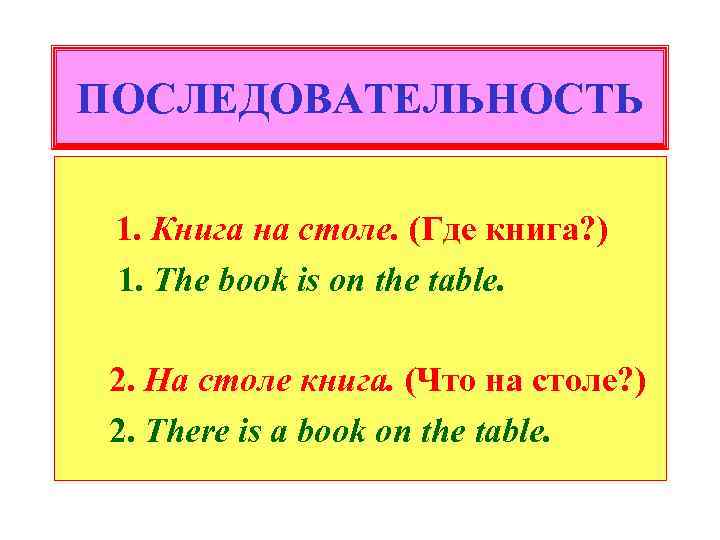 ПОСЛЕДОВАТЕЛЬНОСТЬ 1. Книга на столе. (Где книга? ) 1. The book is on the