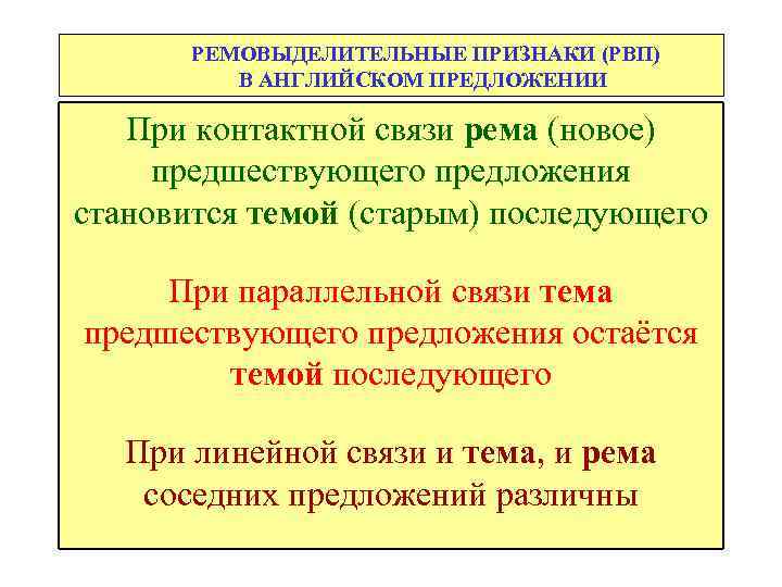 РЕМОВЫДЕЛИТЕЛЬНЫЕ ПРИЗНАКИ (РВП) В АНГЛИЙСКОМ ПРЕДЛОЖЕНИИ При контактной связи рема (новое) предшествующего предложения становится