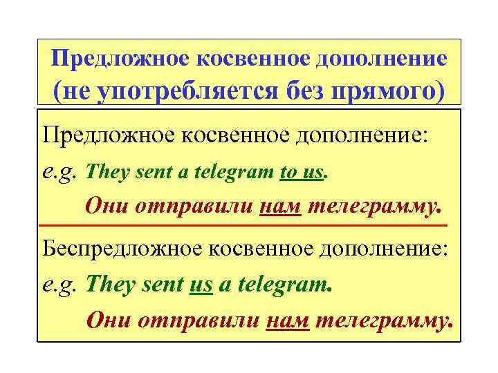 Предложное косвенное дополнение (не употребляется без прямого) Предложное косвенное дополнение: e. g. They sent