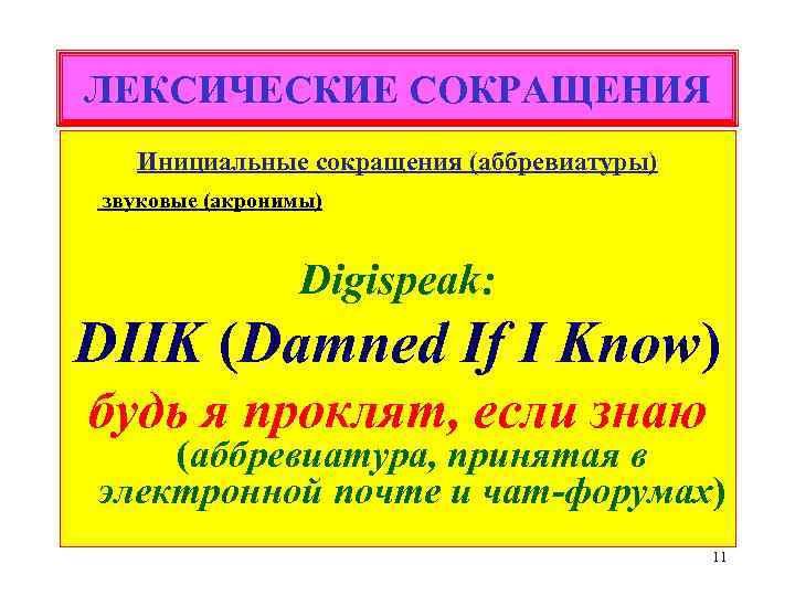 ЛЕКСИЧЕСКИЕ СОКРАЩЕНИЯ Инициальные сокращения (аббревиатуры) звуковые (акронимы) Digispeak: DIIK (Damned If I Know) будь