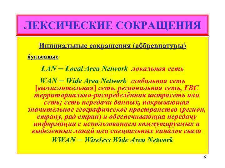 ЛЕКСИЧЕСКИЕ СОКРАЩЕНИЯ Инициальные сокращения (аббревиатуры) буквенные LAN ─ Local Area Network локальная сеть WAN