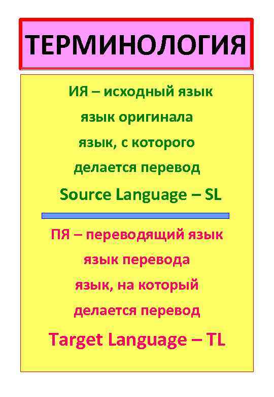 ТЕРМИНОЛОГИЯ ИЯ – исходный язык оригинала язык, с которого делается перевод Source Language –