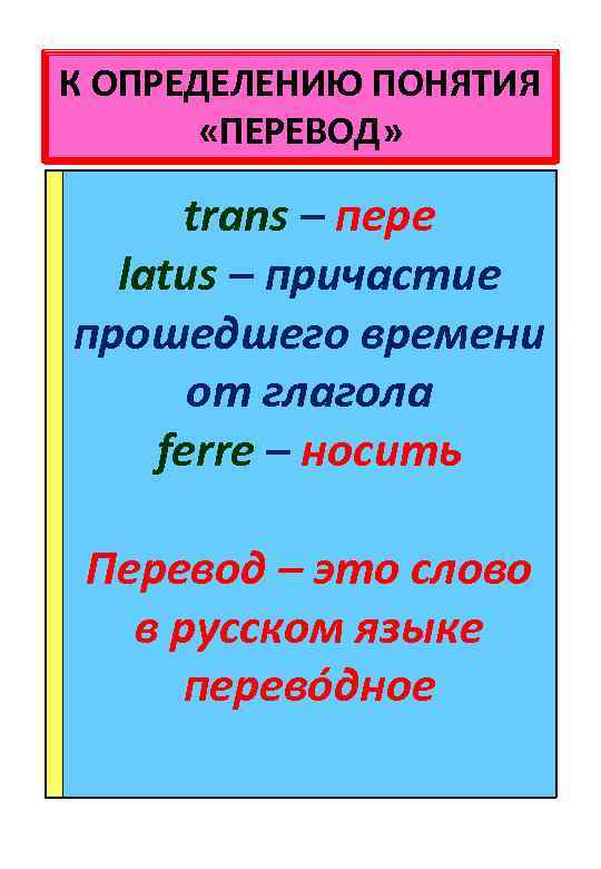 К ОПРЕДЕЛЕНИЮ ПОНЯТИЯ «ПЕРЕВОД» trans – пере latus – причастие прошедшего времени от глагола