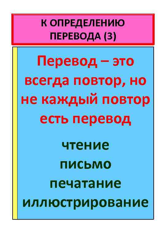 К ОПРЕДЕЛЕНИЮ ПЕРЕВОДА (3) Перевод – это всегда повтор, но не каждый повтор есть