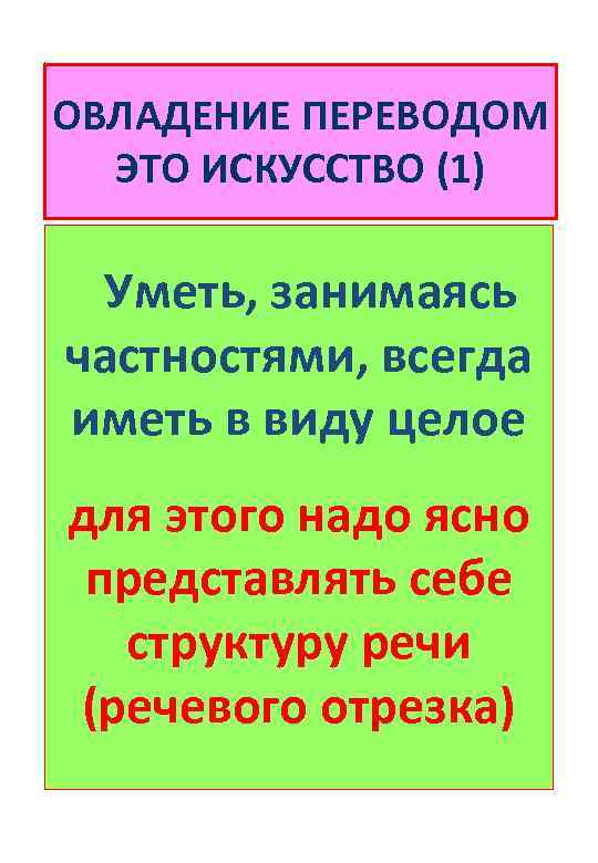 ОВЛАДЕНИЕ ПЕРЕВОДОМ ЭТО ИСКУССТВО (1) Уметь, занимаясь частностями, всегда иметь в виду целое для