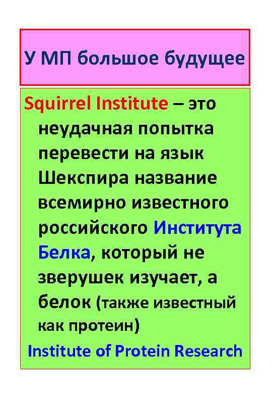 У МП большое будущее Squirrel Institute – это неудачная попытка перевести на язык Шекспира