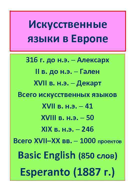 Искусственные языки в Европе 316 г. до н. э. ─ Алексарх II в. до
