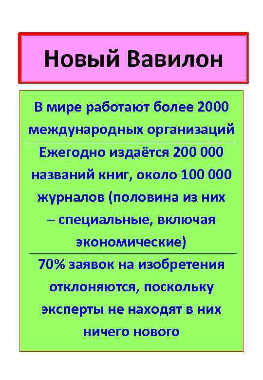 Новый Вавилон В мире работают более 2000 международных организаций Ежегодно издаётся 200 000 названий