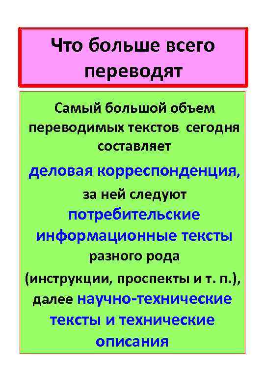 Что больше всего переводят Самый большой объем переводимых текстов сегодня составляет деловая корреспонденция, за