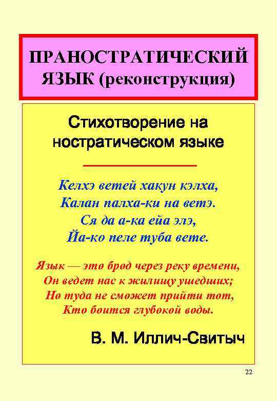 ПРАНОСТРАТИЧЕСКИЙ ЯЗЫК (реконструкция) Стихотворение на ностратическом языке Келхэ ветей хакун кэлха, Калан палха-ки на