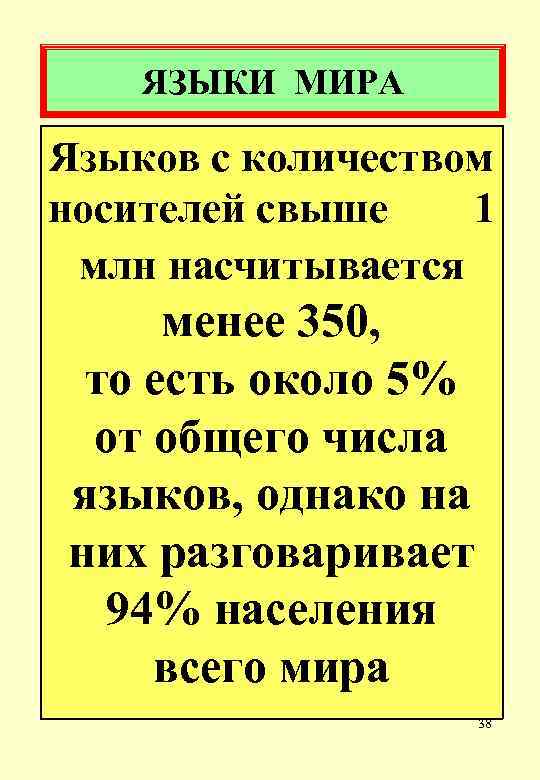 ЯЗЫКИ МИРА Языков с количеством носителей свыше 1 млн насчитывается менее 350, то есть
