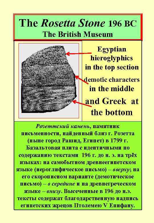 The Rosetta Stone 196 BC The British Museum Egyptian hieroglyphics in the top section