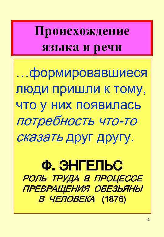 Происхождение языка и речи …формировавшиеся люди пришли к тому, что у них появилась потребность