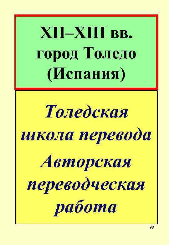 XII–XIII вв. город Толедо (Испания) Толедская школа перевода Авторская переводческая работа 98 