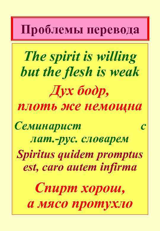 Дух бодр плоть. Caro est infirma sed Spiritus est Fortis. ‘The Spirit is willing but the Flesh is weak’.. Дух бодр плоть же немощна.