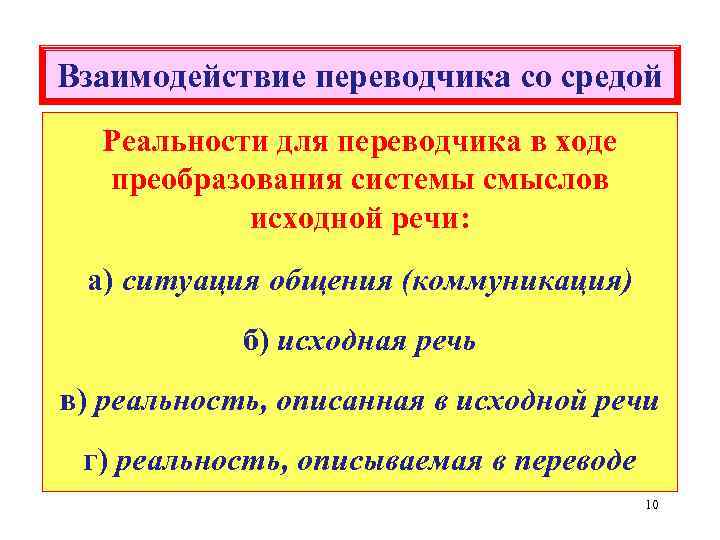 Взаимодействие переводчика со средой Реальности для переводчика в ходе преобразования системы смыслов исходной речи: