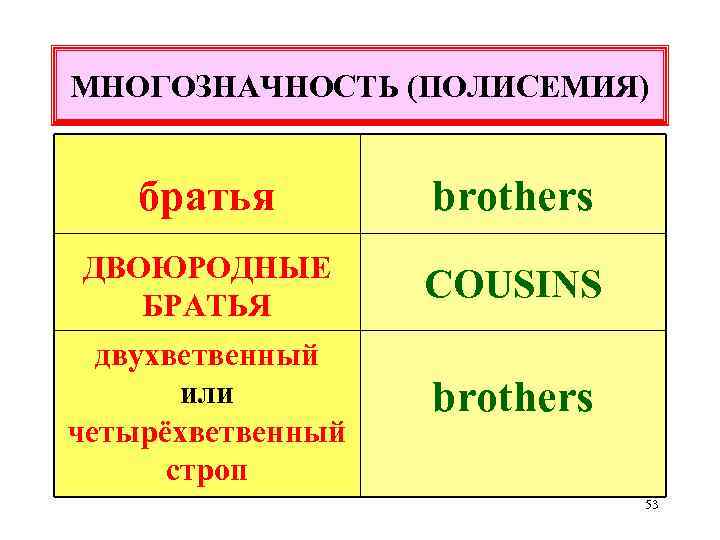 МНОГОЗНАЧНОСТЬ (ПОЛИСЕМИЯ) братья brothers ДВОЮРОДНЫЕ БРАТЬЯ COUSINS двухветвенный или четырёхветвенный строп brothers 53 