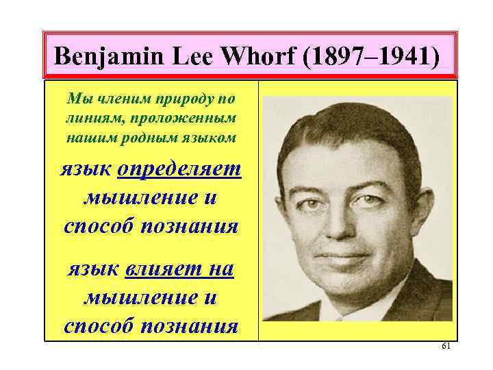 Benjamin Lee Whorf (1897– 1941) Мы членим природу по линиям, проложенным нашим родным языком