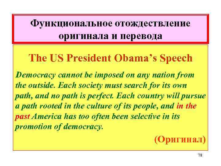 Функциональное отождествление оригинала и перевода The US President Obama’s Speech Democracy cannot be imposed