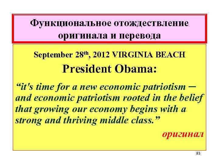 Функциональное отождествление оригинала и перевода September 28 th, 2012 VIRGINIA BEACH President Obama: “it's