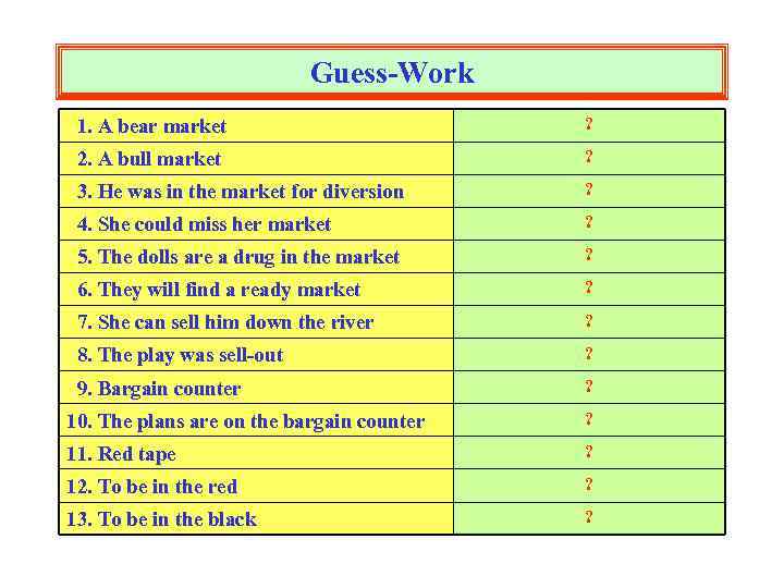 Guess-Work 1. A bear market ? 2. A bull market ? 3. He was