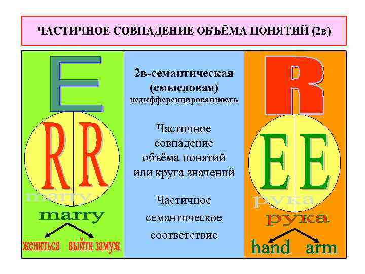 ЧАСТИЧНОЕ СОВПАДЕНИЕ ОБЪЁМА ПОНЯТИЙ (2 в) 2 в-семантическая (смысловая) недифференцированность Частичное совпадение объёма понятий