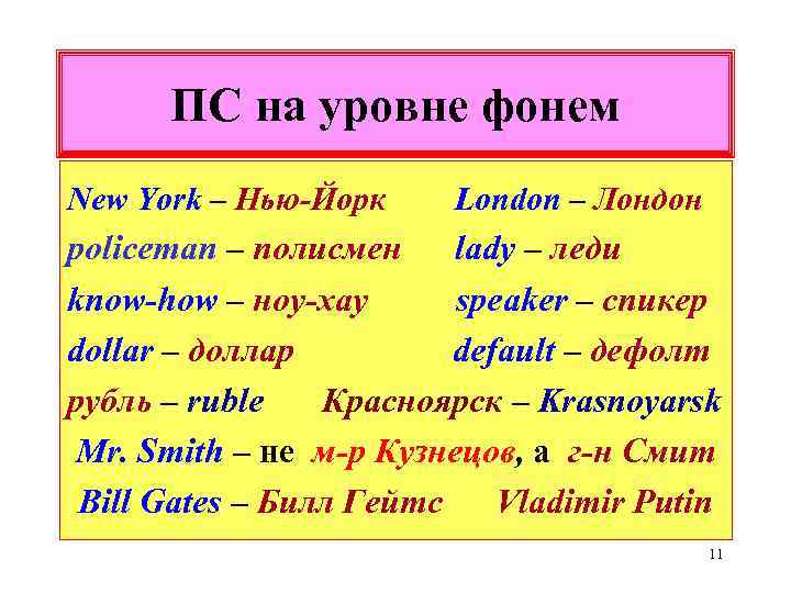 ПС на уровне фонем New York – Нью-Йорк London – Лондон policeman – полисмен