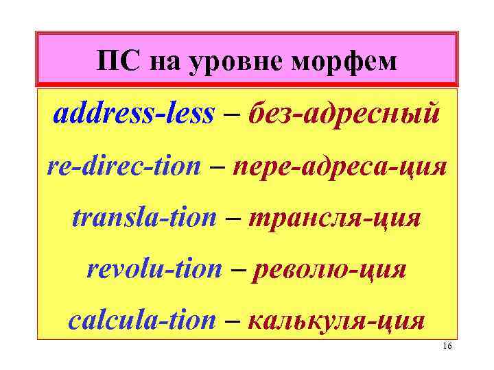 ПС на уровне морфем address-less – без-адресный re-direc-tion – пере-адреса-ция transla-tion – трансля-ция revolu-tion