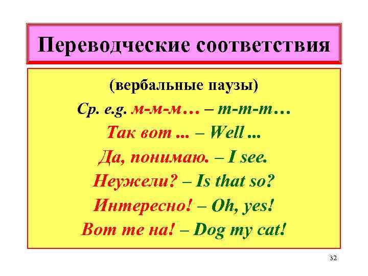 Переводческие соответствия (вербальные паузы) Ср. e. g. м-м-м… – m-m-m… Так вот. . .