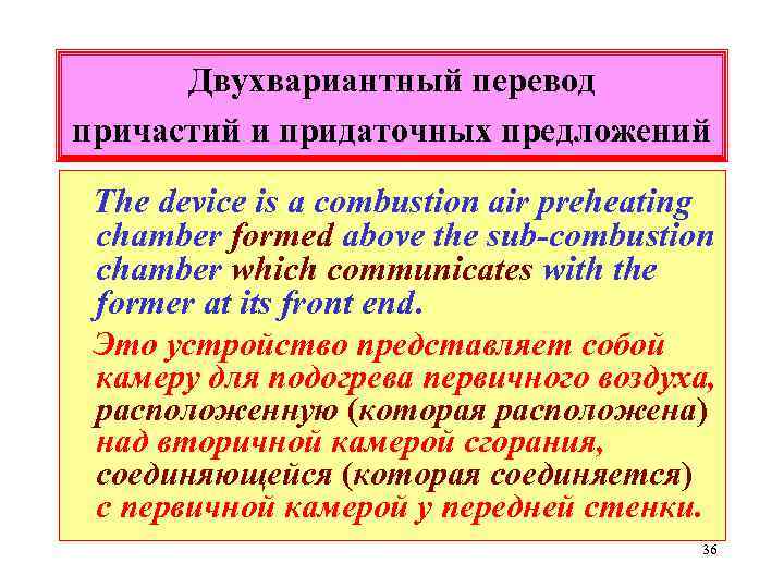 Двухвариантный перевод причастий и придаточных предложений The device is a combustion air preheating chamber